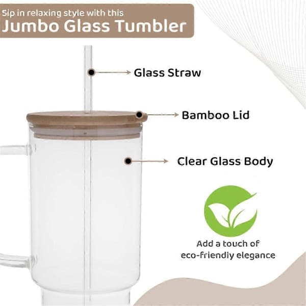 1.2 Liter Glass Cup with Handle and Straw Lid, Reusable Coffee Cup