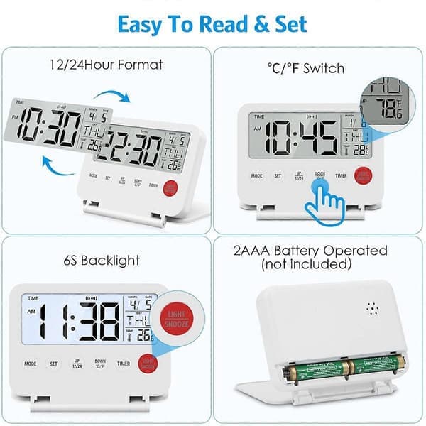 Travel Alarm Clock, Portable Digital Alarm Clock, Compact Calendar Timer with Snooze, 12/24H Display, for (LGL) White White White