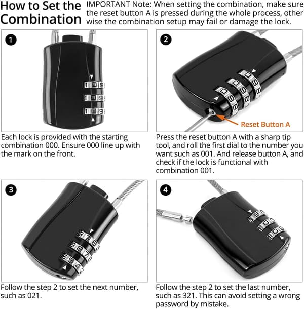 Retractable Cable Lock, Digital Combination Lock with 41cm Cable for Motorcycle Bicycle Snowboard Ski Equipment Luggage, Black
