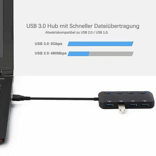 USB 3.0-hub - 4 porte, strømforsynet, 5 Gbit/s dataoverførselshastighed, afbryder og LED