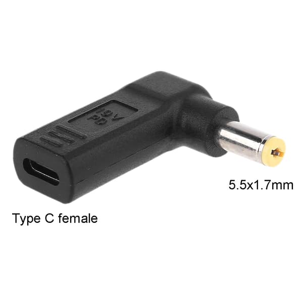 USB-C naaras 5,5x1,7 mm DC-adapteriin, suorakulmainen, PD-liitin