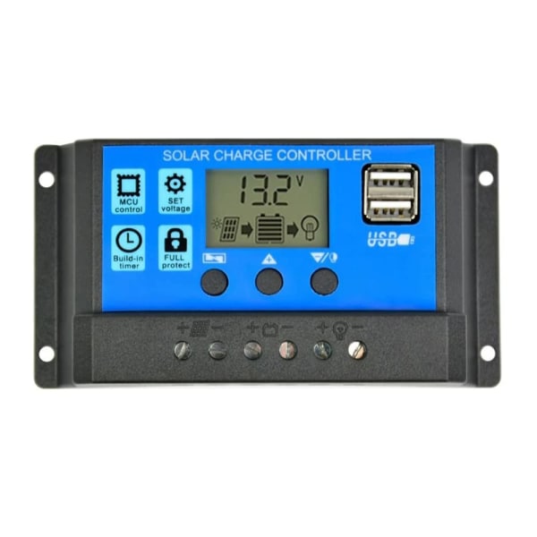 30A Solcelleladningsregulator, Solcellepanelladningsregulator 12V/24V, Multifunksjonell Justerbar LCD-skjerm med Dobbel USB-port Timer