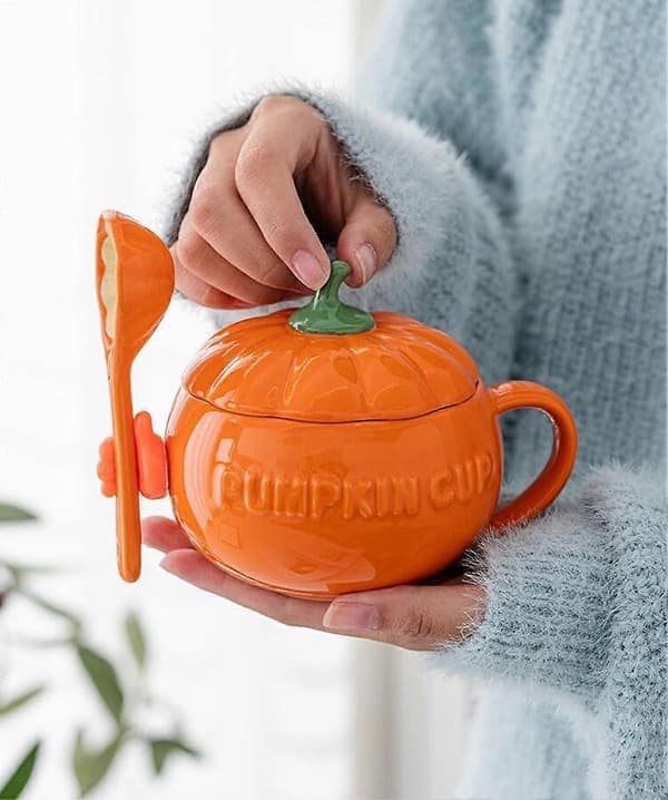 Söt Pumpa Kopp, Keramisk Kaffemugg, 250ml Tekopp med Lock (Kopp+ Sked+ Silikonhand)