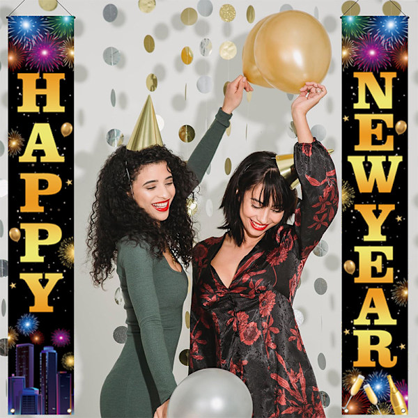 Happy New Year Dörrbanderoll för Hemmet, 71x12 Tum Happy New Year Veranda Skyltar Banderoll Nyår 2025 Nyårsdekorationer