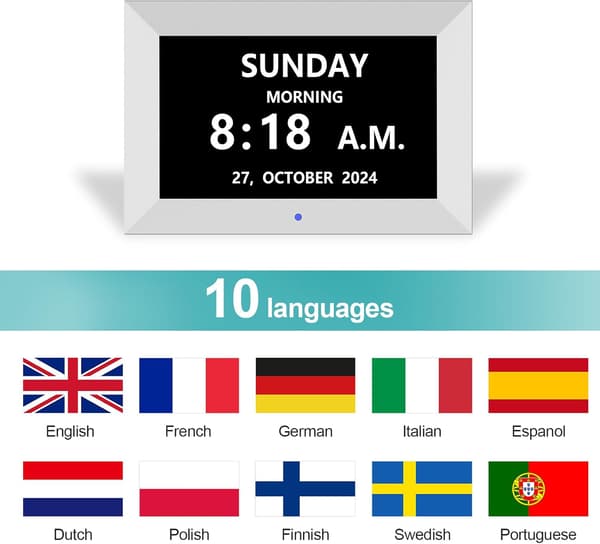 ®RisingFF Dementia Friendly Digital Clock with Date, Day and Time, Dimmable, 7 \" HD Digital Photo Frame
