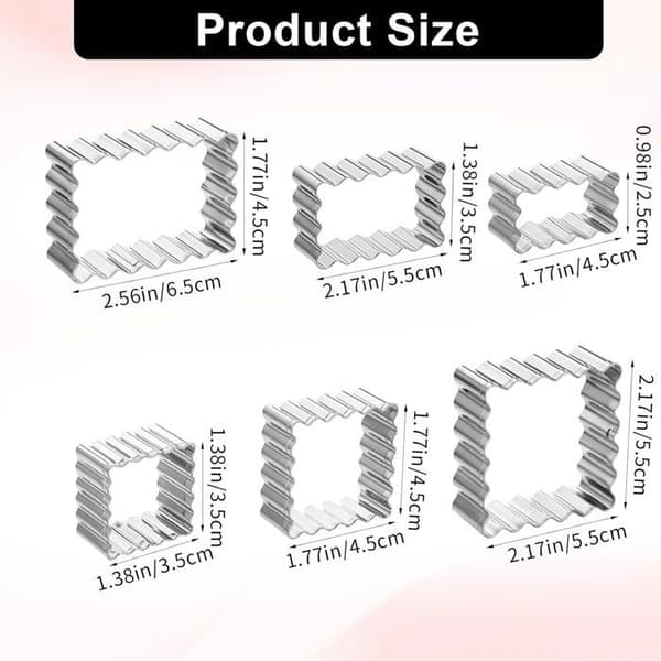 Cookie Cutters - Set of 6 - Stainless Steel - Fluted Edges - Baking and Crafting - 3 Square and 3 Rectangular
