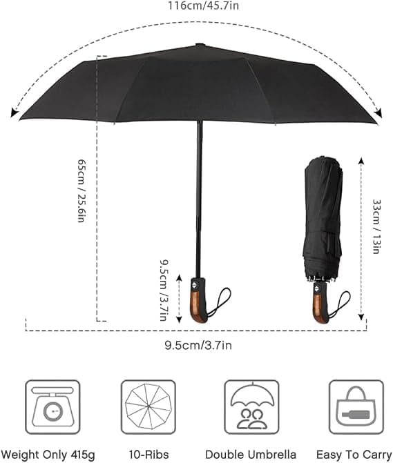 Automatisk Sammenfoldelig Paraply, Kompakt Solid Sammenfoldelig Sort, Vandtæt, Vindtæt Rejseparaply med 10 Ribber Diameter 106 cm