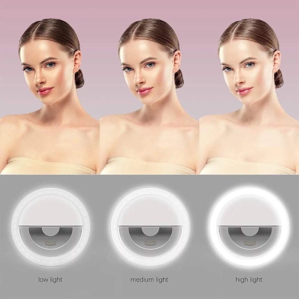 Klips-på Selfie Ringlys [USB Genopladelig] til Smartphone Kamera Rund Form, LED ring cirkulært fyldlys Hvid