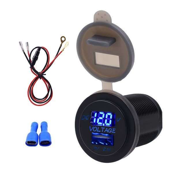 USB-porter Billader Spenningsdisplay Voltmeter Kjøretøykraft IP66 Vanntett 2.1A Blå DC12-24V