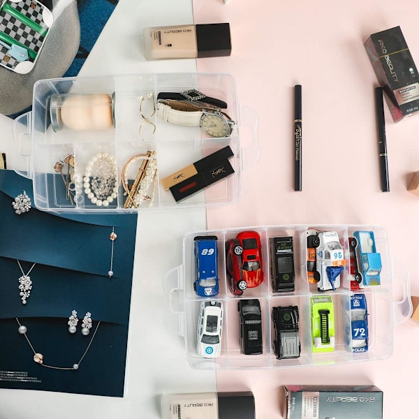 3-etasjers gjennomsiktig stablebar oppbevaringsbeholder, plastorganiseringsboks med 30 rom (justerbar), for å organisere kunst og håndverk, Washi