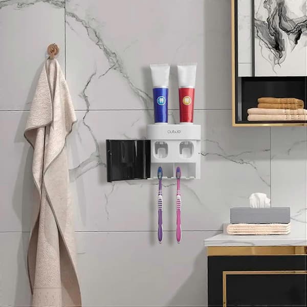 Toothbrush Holder with 2 Toothpaste Squeezers, 4-Slot Toothbrush Hanger, Wall-Mounted Toothpaste Dispenser for Shower Bathroom