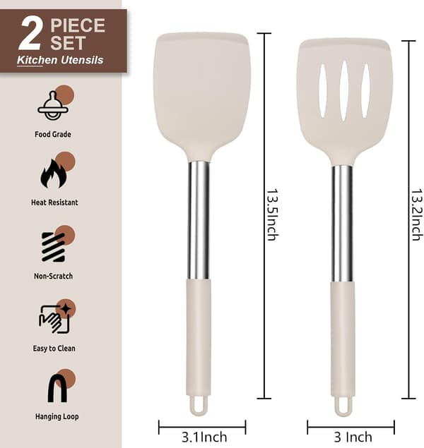 Silicone Spatula Set with 2 Solid & Slotted Spatulas for Nonstick Cookware, Heat Resistant Rubber Kitchen Utensils for Turning Fish, Pancakes, and Eggs