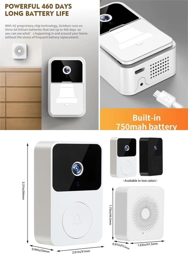 Video Doorbell Motion Detection White Lithium Battery and 1080p Auto Capture Cloud Playback