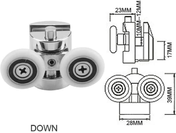 Sæt med 4 dobbelthjul - til skydedør til bruser - 2 hjul 23 mm diameter zinklegering badeværelse