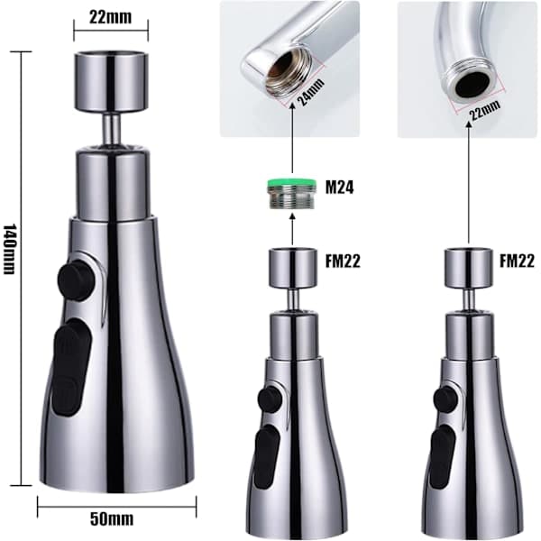 360° Rotatable Kitchen Faucet Nozzle with 3 Modes - Kitchen Faucet Spray Head Replacement Faucet Head Aerator