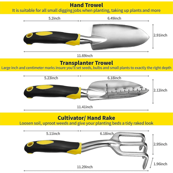 3-delt hageverktøysett i støpt aluminium med håndspade, plantetrøffel, kultivator og håndrake for hageplanting