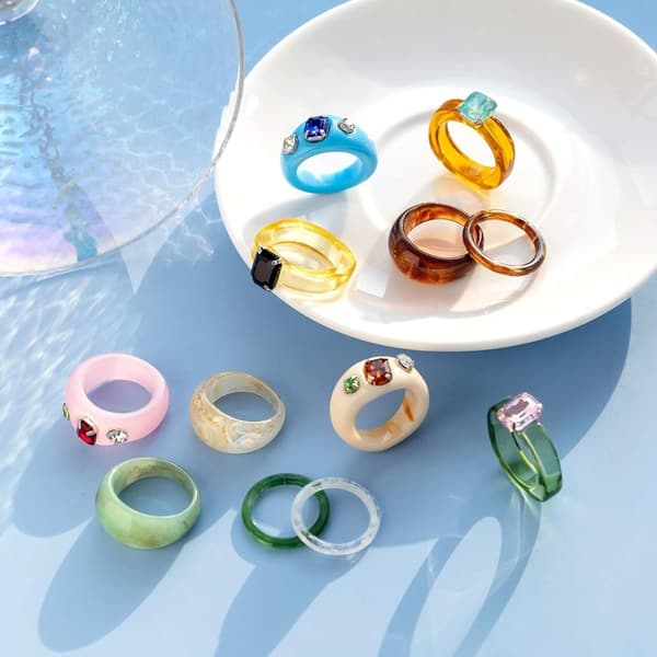 12 stk. harpiksringe til kvinder, retro akryl, chunky, farverig stil 1 KLB
