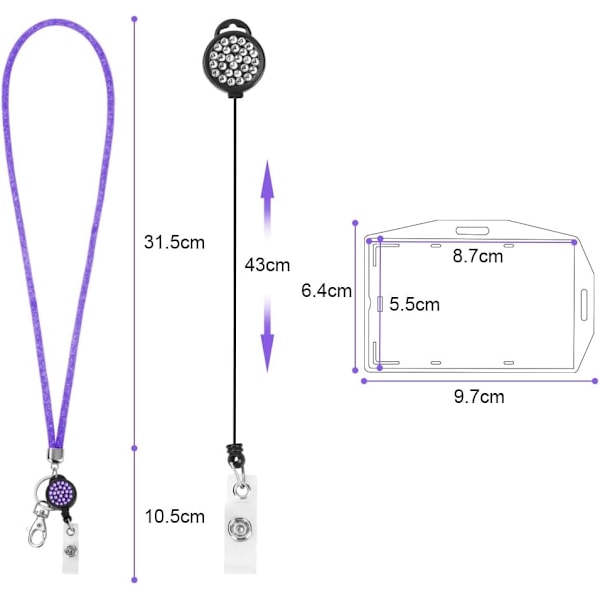 Korthållare med lanyard, kristall-lanyard med transparent ID-korthållare, lanyard och brickhållare set, nyckelringsbrickhållare och halsrem för nycklar Purple