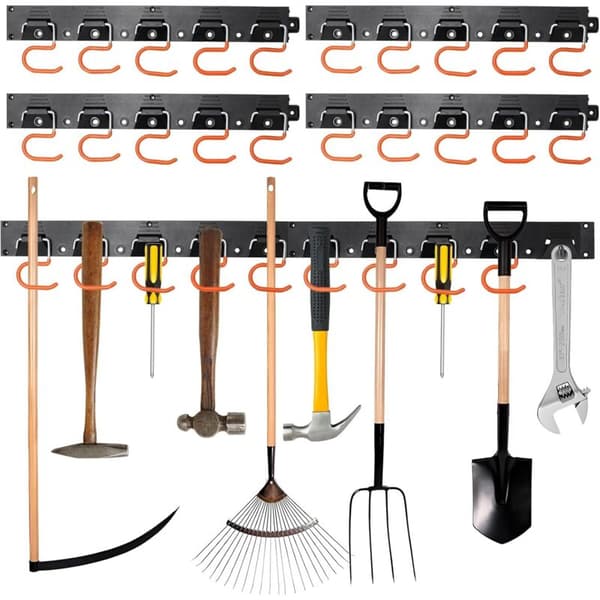Attachable Storage Hooks, Garage Organizer, Practical Wall-Mounted Holders, Mop and Broom Rack, 20 Hooks, 4 pcs 41cm Rails