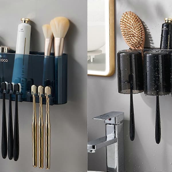 Drill-Free Wall Mounted Toothbrush Holder, Toothpaste Dispenser and Multifunctional Compartment Bathroom Organizer