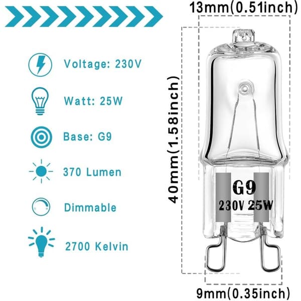 4-pack G9 Halogen Bulbs for Oven 25W 230V 300°C Tolerance Lamp [Energy Class G]