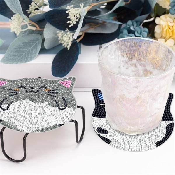 Diamond Painting Coasters 6 Round Coasters with Stand Coasters with Stand Cat Pattern for Drinks Cups and Table Tops Diamond Painting