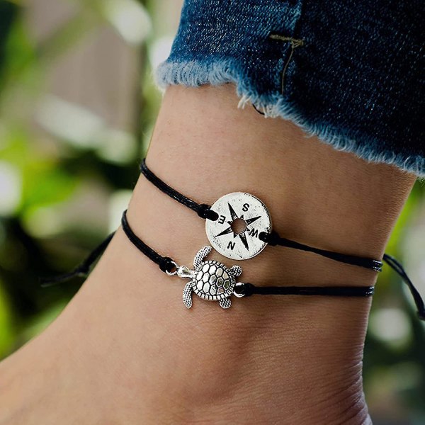 Fotkjede ankel, 2 stk/sett Turtle Hollow Compass Charm Anklet Dame Summer Beach Ankelarmbånd