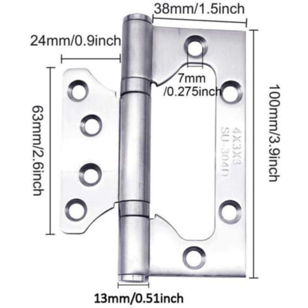Hængsler i rustfrit stål, til yderdøre og soveværelsesdøre, 100 mm x 38 mm x 2 mm (3 stk.)