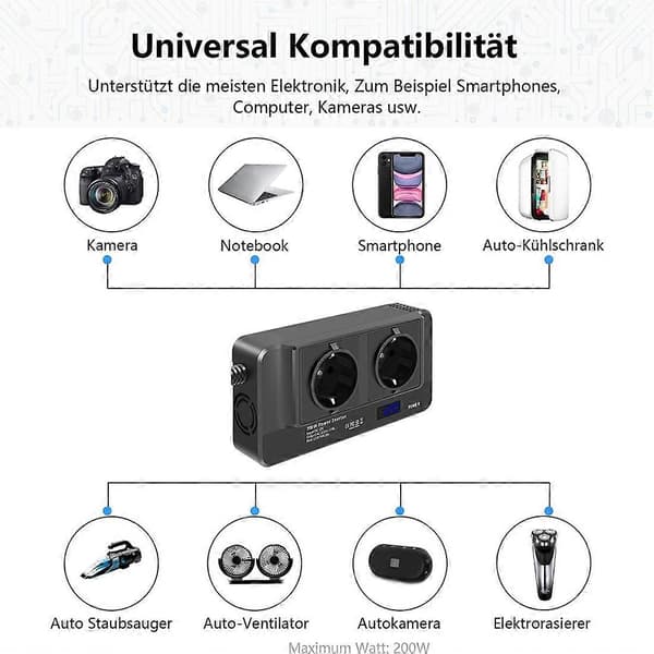 200W Bilomformer, Spenningsomformer 12V til 220V med Smart Tidsvisning LCD, 2 Uttak og 4 USB Ca