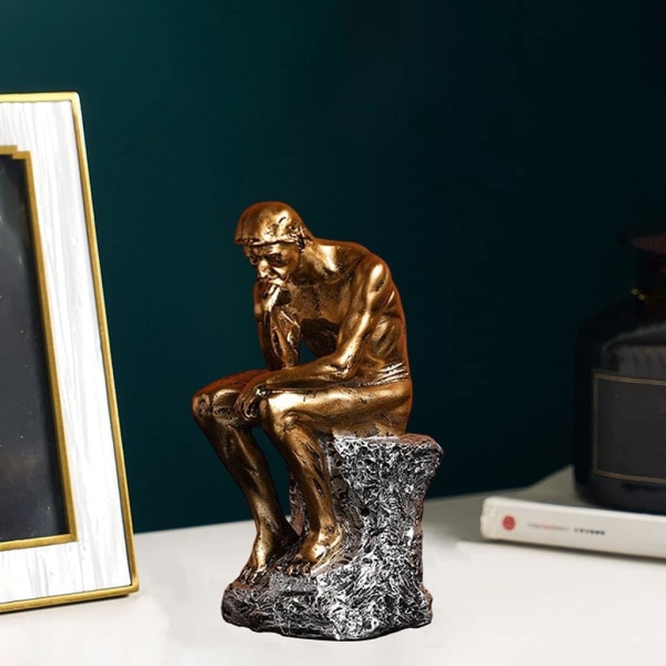 Harts Resin Thinker Staty Tänkare Figur Tänkare Man Skulpturer för Hem Kontor Skrivbords Hantverk Presenter - Guld