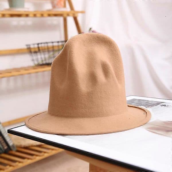 Pharrell Hat Filt Fedora til kvinder og mænd, Høj krone 100% australsk uld, Camel M (56–58cm)