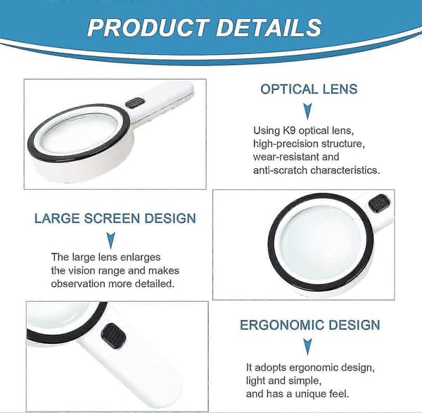 Magnifying Glass with 12 LED Lights, 30x Double Lens Handheld Illuminated Magnifier