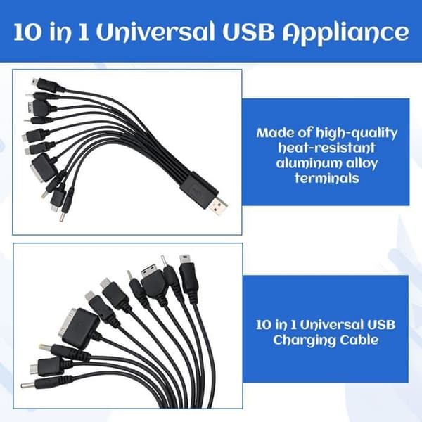 10-in-1 Universal Phone Charger - Universal Charging Cable with Multiple Connectors - Compatible USB Charging Cable
