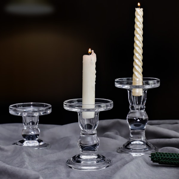 Sett med 3 stearinlysholdere i klart glass, lysestaker, koniske søylelys, telysholder for midtpunkter på spisebord