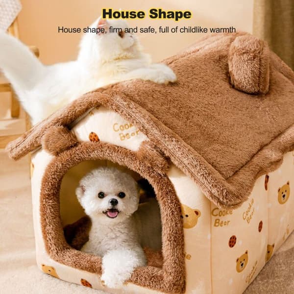 Cat and Dog Cave. Warm Plush Igloo. Foldable and Comfortable House. Non-slip Bottom (S. Brown Bear)
