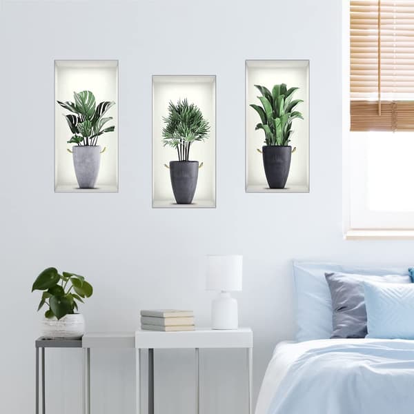 3D Väggdekaler Vas 3 st, 3D Vinyl Väggdekorationer DIY Väggtatuering Gröna Växter Väggdekaler Självhäftande för Vardagsrum, Sovrum