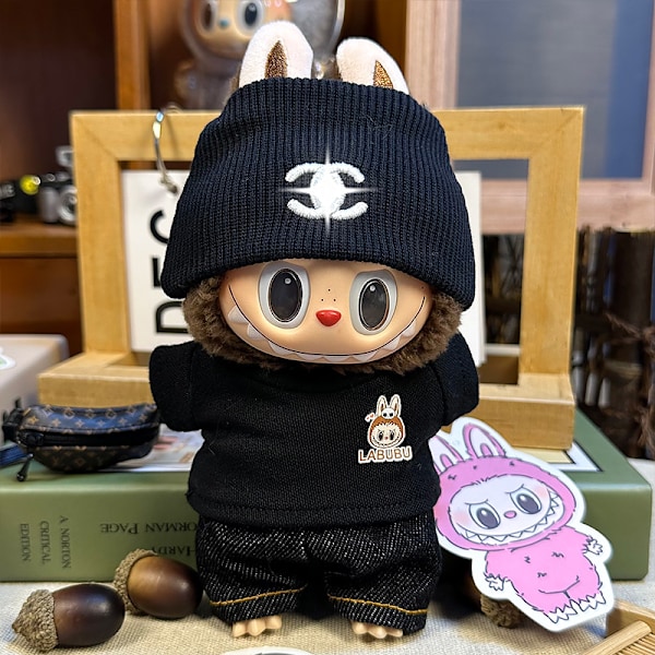 labubu dockkläder första generationen andra generationen blindbox labubu dockkläder (hatt + T-shirt + jeans) C Svart kostym