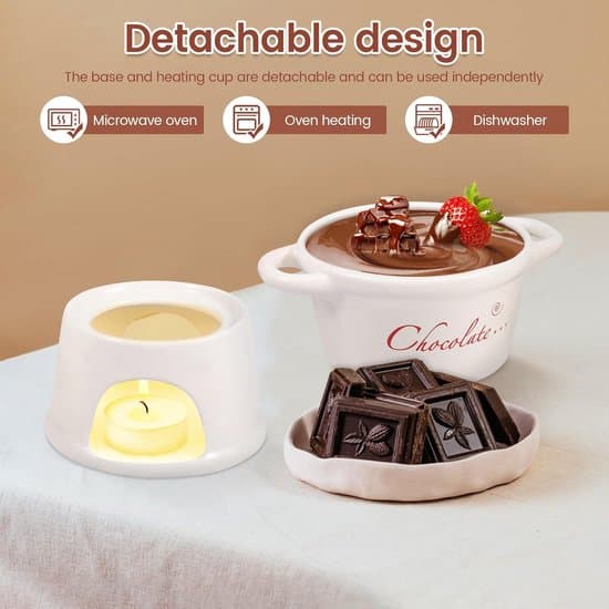 Fondue Cup - 300ml - Chocolate Fondue Cup - Ceramic with two handles - Comes with stainless steel fork - Ceramic tealight holder - Removable