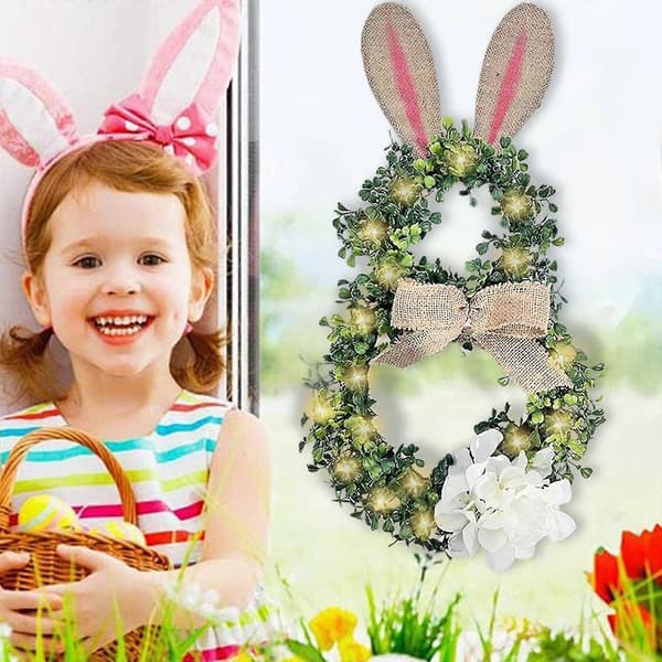 Easter Garland for Front Door Rabbit Shaped with LED Wreath Hydrangea Spring Easter Decoration