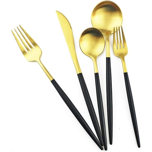 Black Gold Flatware, 5-delt sett med matt svart håndtak i 18/10 rustfritt stål for 1, inkludert reisebestikk (Black Gold)