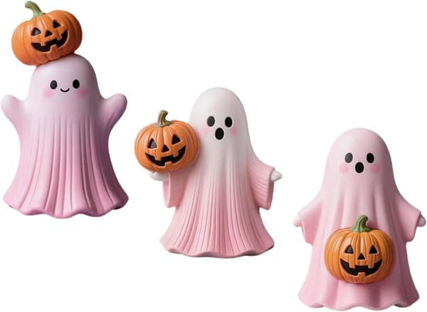 1 pc Halloween Decorations, Spooky Ghost Ornament with Pumpkins, Pink Cute Ghost Statue Sculpture Decoration (12cm) (Style B)