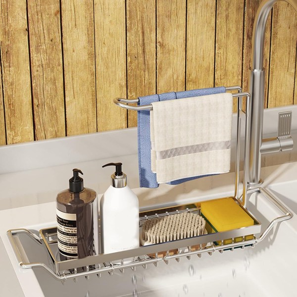 Svampeholder til køkkenvask, teleskopisk vask i rustfrit stål Opbevaringsstativ-holder til teleskopvask i rustfrit stål