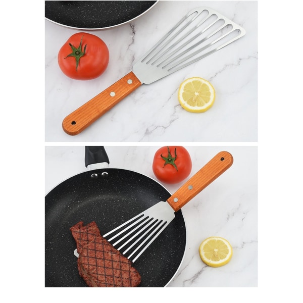 2 st Rostfritt Stål Tunna Spårade Fiskvändare Spatel med Trähandtag Stekt fisk, spatel, biffspatel, vänd fiskspatel,