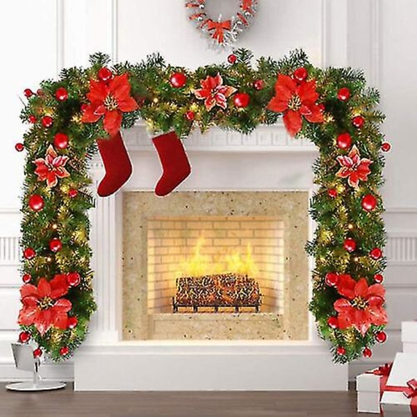 9ft Pre Lit Christmas Garland With Lights Door Wreath Xmas Fireplace DecorationsRed with LightRed with Light