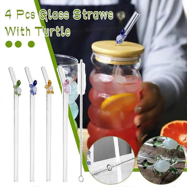 Glass straws with cute colored turtle 4 pcs durable