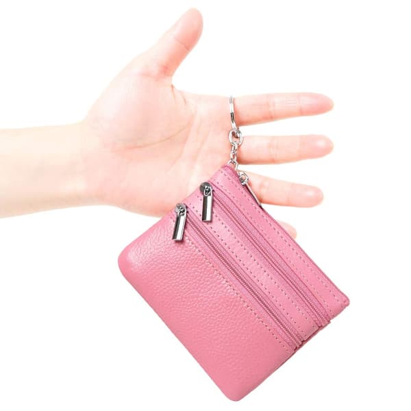Women's Genuine Leather Wallet, Mini Keychain Pouch, Green Pink Pink