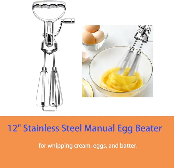 12\" Manual Egg Beater Efficient Hand-Powered Whisk for Whipping Cream, Eggs, and Batter.