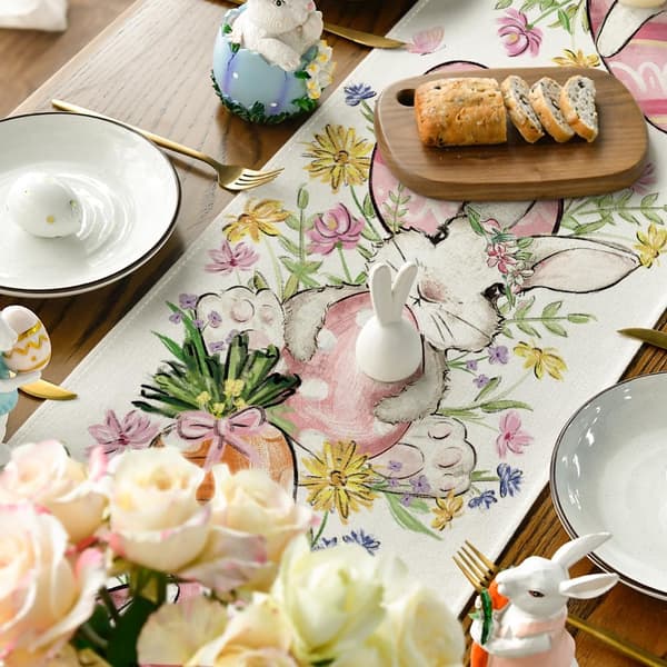 Table Runner with Rabbit, Eggs and Flowers for Easter, Seasonal Spring Kitchen Table Decoration 33x183 cm
