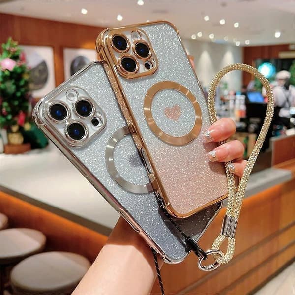 Deksel for iPhone 16 Pro Max Kompatibelt med MagSafe TPU Telefonbeskyttelse med Rem Hjerte Gradient Glitter