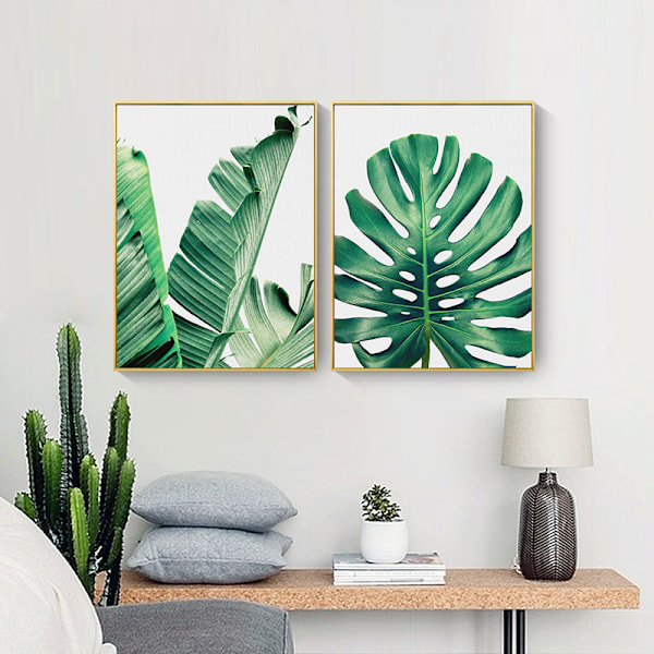 Vardagsrumsväggkonst Grönt blad Enkelt liv Målning Sovrumsvägg Dekoration Växt 3 delar Canvas Konstmålning Tropisk Grön